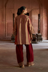 Jashn Gold Maroon Tissue Embroidered Farshi Set, gold maroon tissue kurta with modal farshi and organza dupatta, image 3 of 11