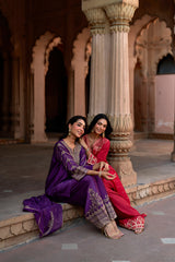 Jashn Rani Pink Orange Zari Farshi Set styled with Jashn Wine Hand Embroidered Farshi Set, rani pink kurta with orange zari embroidery, farshi and organza dupatta