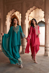 Jashn Rani Pink Zari Yoke Salwar Set styled with Jashn Bottle Green Embroidered Farshi Set, rani pink hand embroidered zari yoke kurta salwar with organza dupatta