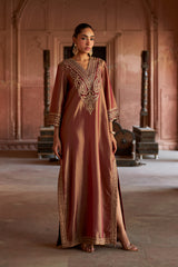 Jashn Maroon Tissue Embroidered Kaftan, maroon tissue kaftan with zari paisley embroidery, image 2 of 10