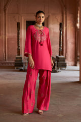 Jashn Hot Pink Embroidered Farshi Set, hot pink modal kurta with embroidered farshi and organza dupatta, image 5 of 10