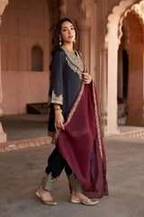 Jashn Black Embroidered Salwar Set with Wine Dupatta, black paisley embroidered kurta salwar with wine organza dupatta, image 13 of 13