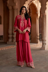 Jashn Rani Pink Orange Zari Farshi Set, rani pink kurta with orange zari embroidery, farshi and organza dupatta, image 11 of 12
