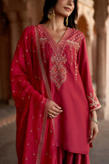 Jashn Rani Pink Orange Zari Farshi Set, rani pink kurta with orange zari embroidery, farshi and organza dupatta, image 7 of 12