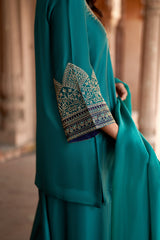 Jashn Bottle Green Embroidered Farshi Set, bottle green embroidered kurta with farshi and organza dupatta, image 6 of 13