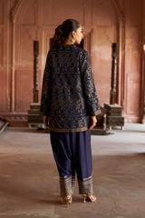 Jashn Navy Ikkat Brocade Salwar Set, navy ikkat brocade kurta with embroidered modal salwar, image 3 of 11