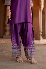 Jashn Wine Hand Embroidered Farshi Set, wine hand embroidered kurta with farshi and organza dupatta, image 7 of 13