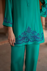 Jashn Emerald Cutwork Embroidered Co-ord Set, emerald modal tunic with dark blue cutwork embroidery and harem pants, image 3 of 5