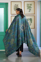 Peacock blue and green paisley woven wool blend shawl, back view