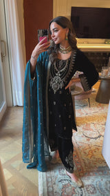 Safar Black Velvet Embroidered Suit with Teal Contrast Dupatta