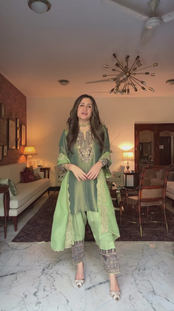 Green Crush Tissue Hand Embroidered Set with Organza Dupatta