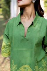Ziya Green Linen Cutwork Embroidered Set
