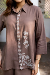 Ziya Brown Linen Embroidered Set