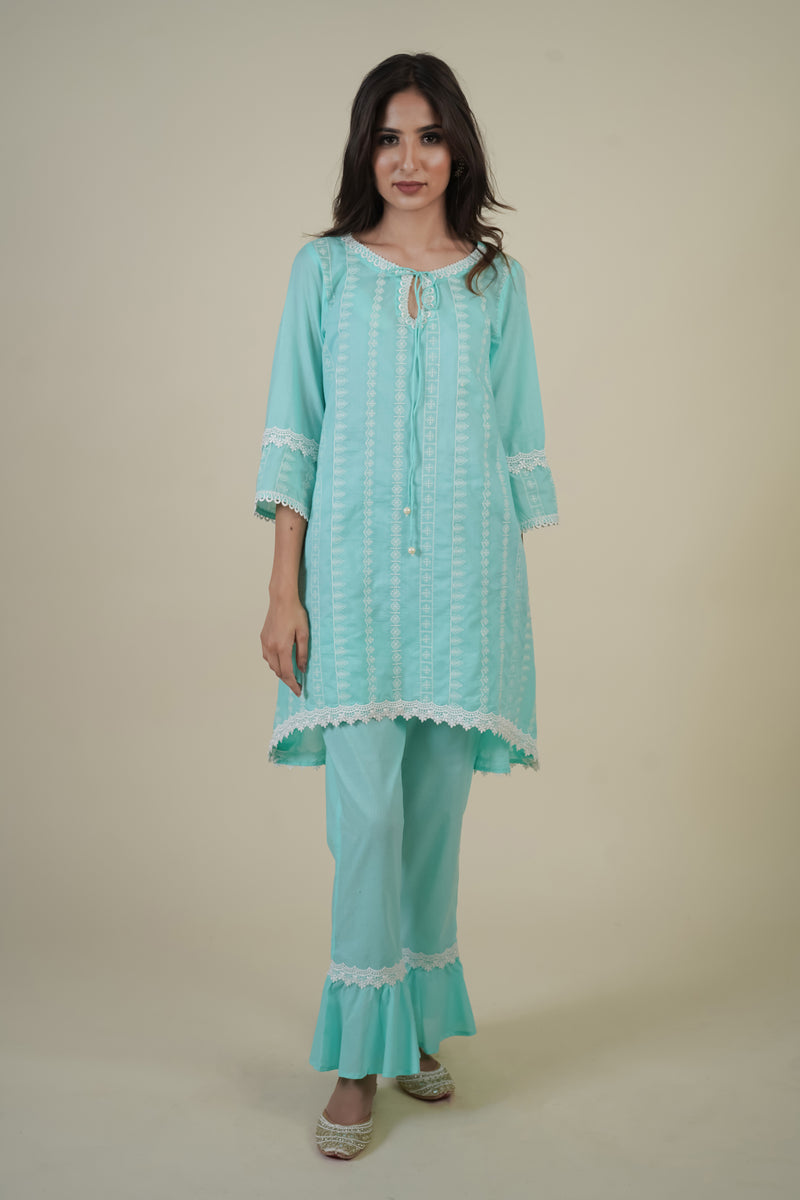 SKY BLUE EMBROIDERED SUIT WITH FRILLED PLAZZO