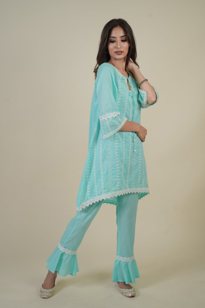 SKY BLUE EMBROIDERED SUIT WITH FRILLED PLAZZO