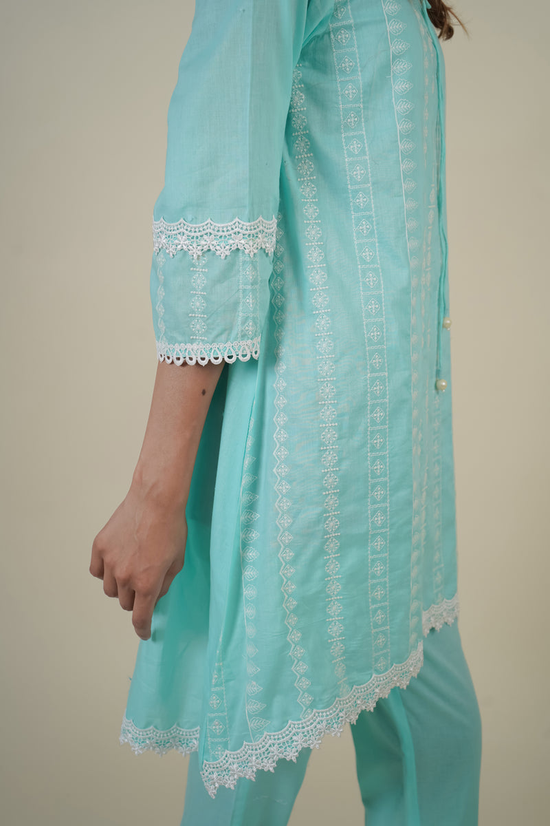 SKY BLUE EMBROIDERED SUIT WITH FRILLED PLAZZO