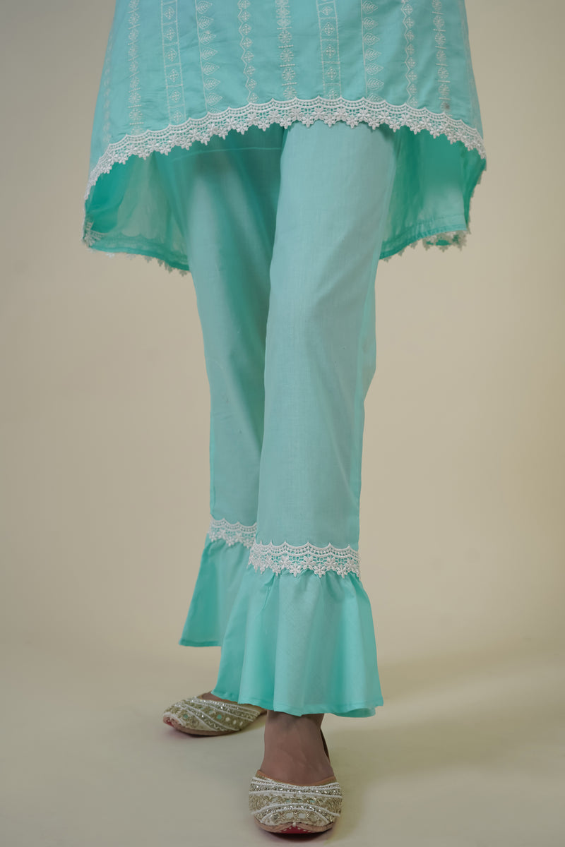 SKY BLUE EMBROIDERED SUIT WITH FRILLED PLAZZO