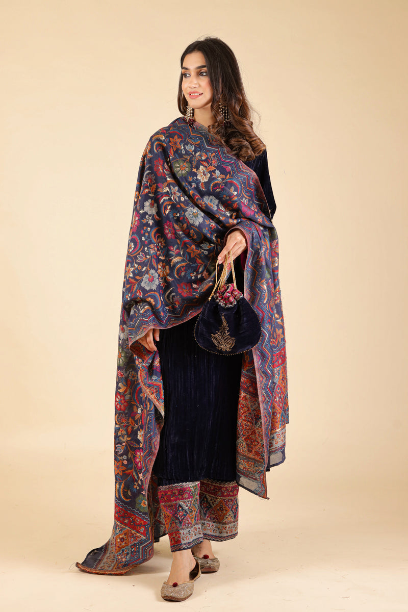 NAVY BLUE CRUSH SUIT WITH WOVEN CHANDERI DUPATTA
