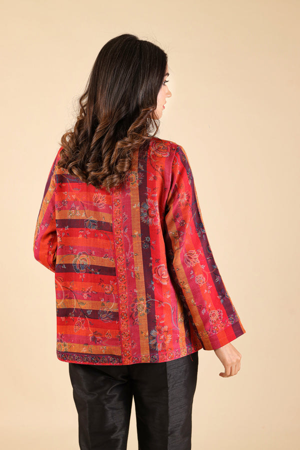 Pink-Red Striped Woolen Cape For Women- Inching India 