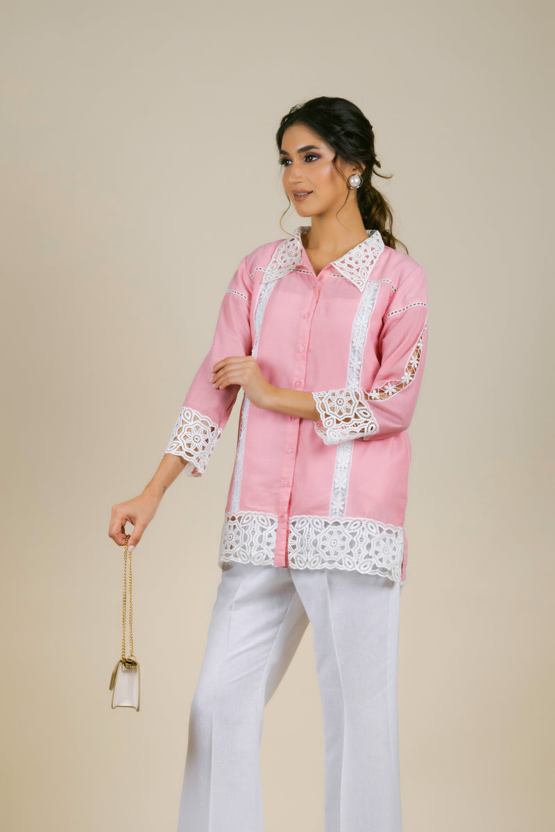 Pink Cutwork Top with White Pants