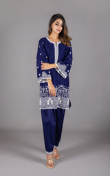 Navy Blue Embroidered Suit Set with Dupatta