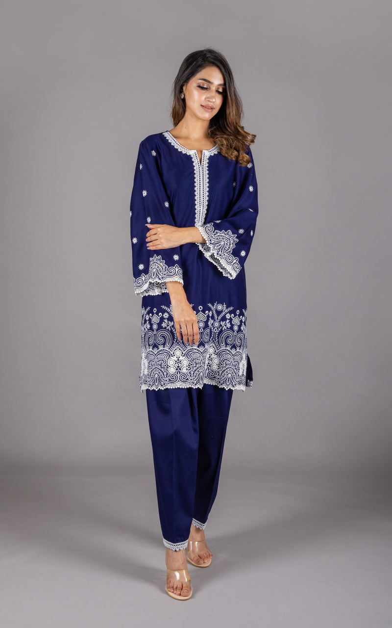 Navy Blue Embroidered Suit Set with Dupatta