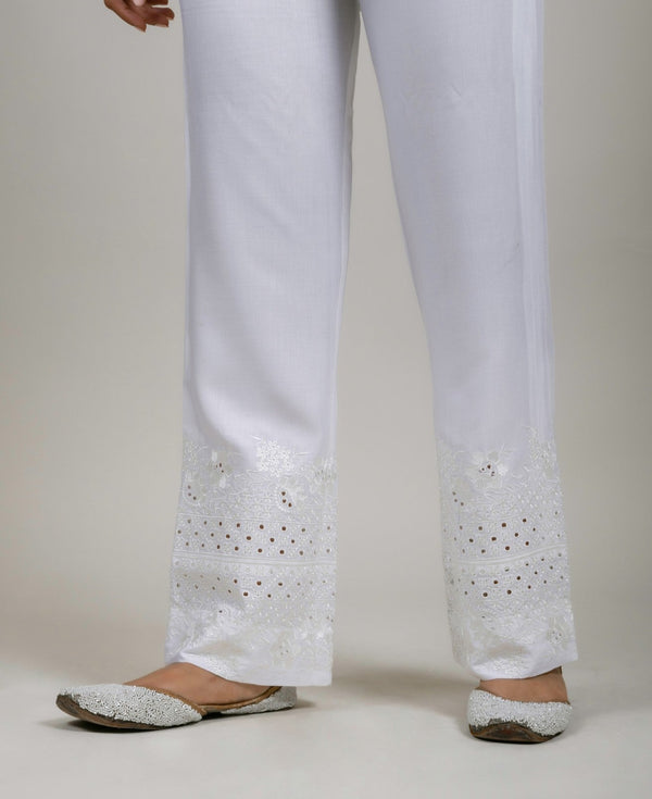 White Embroidered Straight Pants