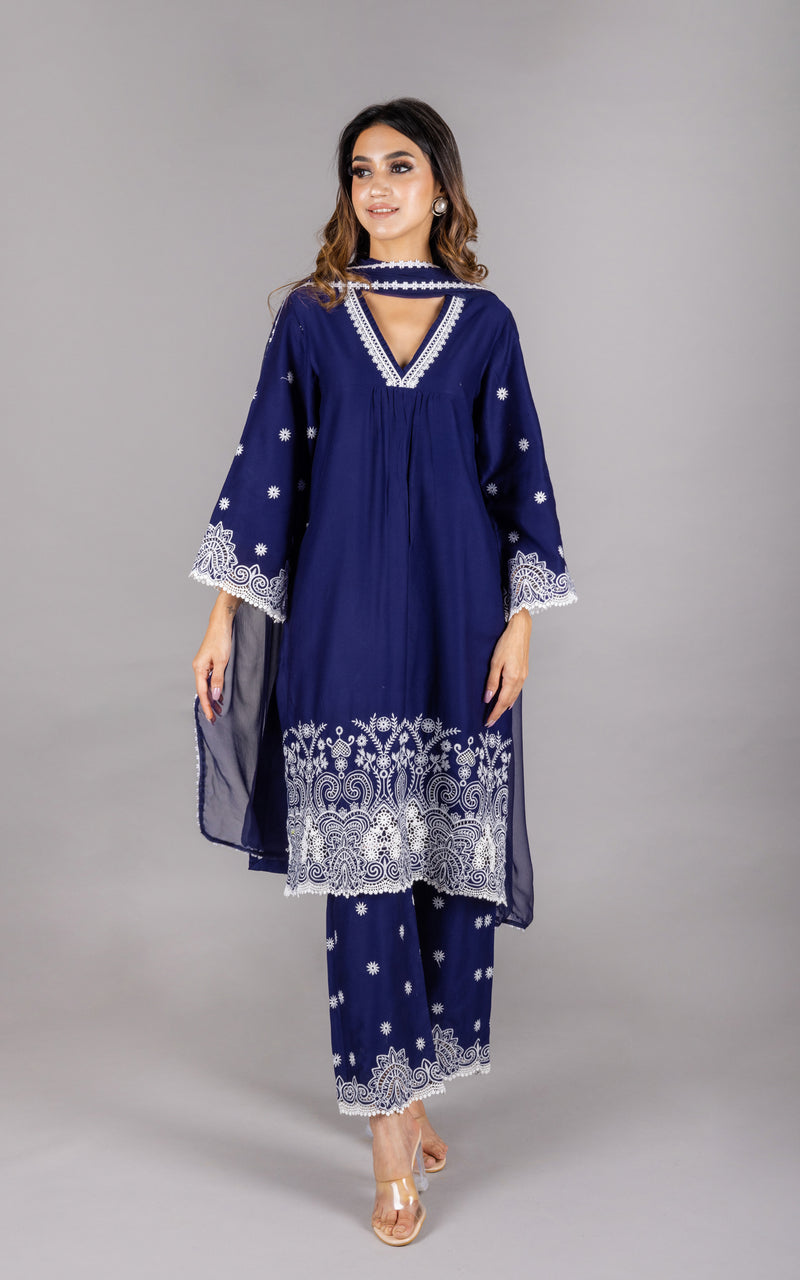 Navy Blue Embroidered Suit Set with Palazzos & Dupatta