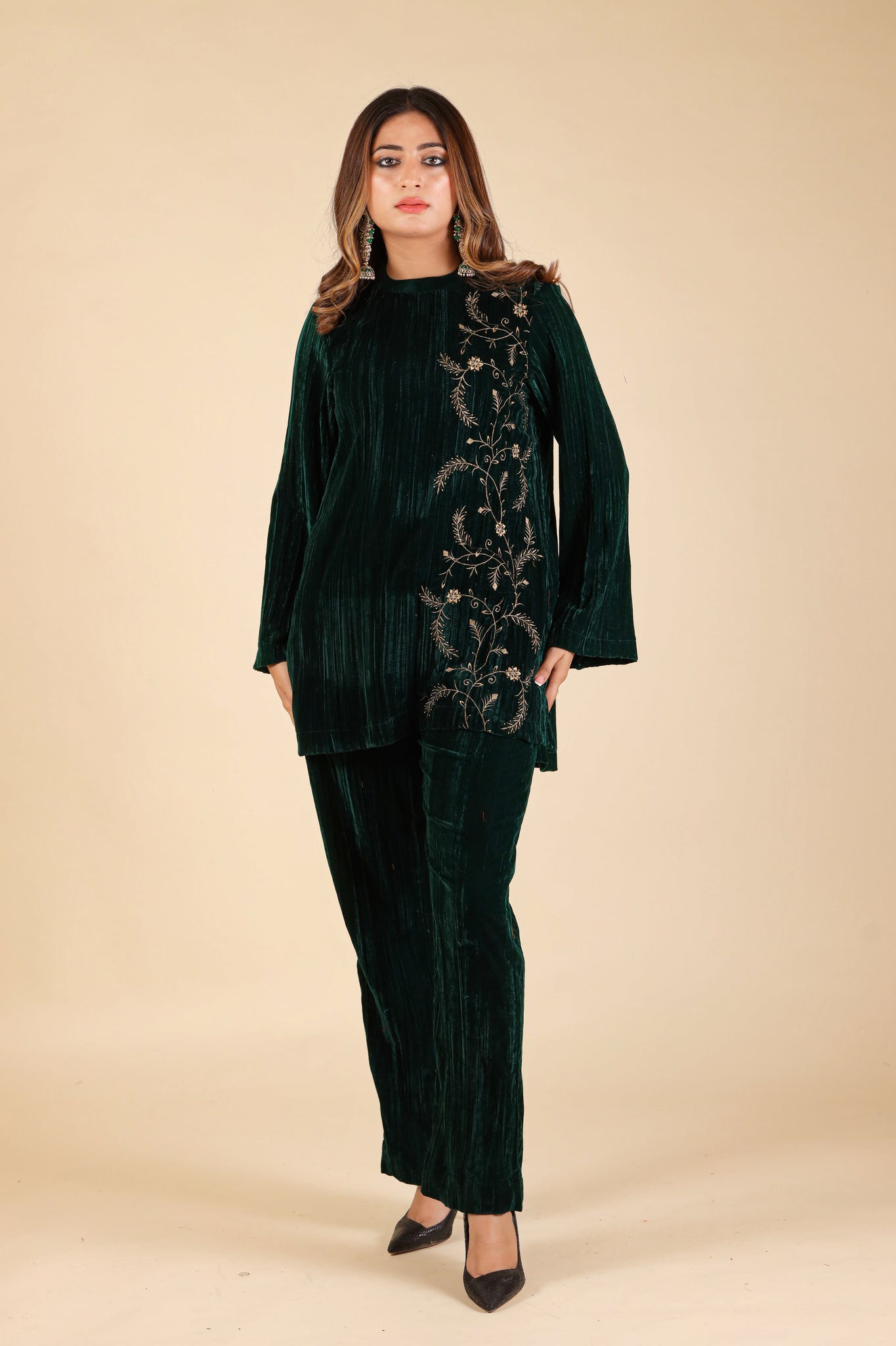 MULMUL BOTTLE GREEN SEQUIN EMBROIDERED CO-ORD SET main image 0