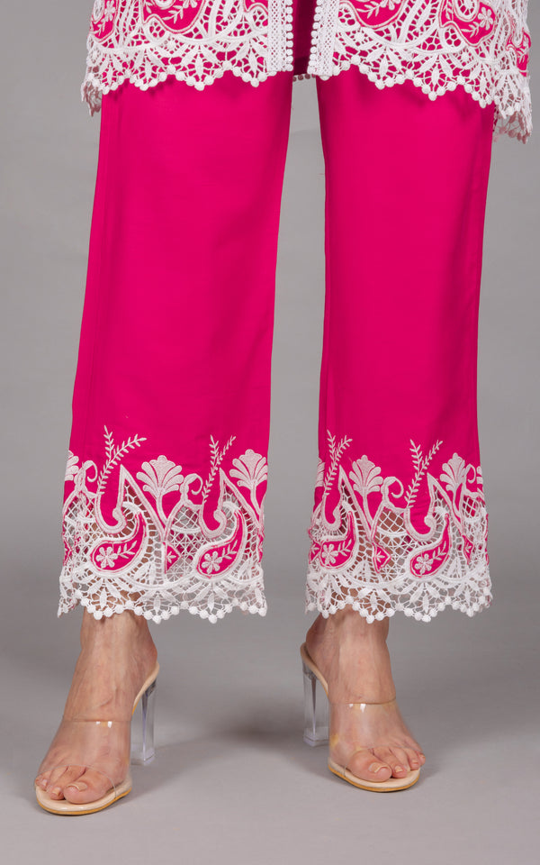Hot Pink Embroidered Suit Set with Palazzos & Dupatta- Inchingindia