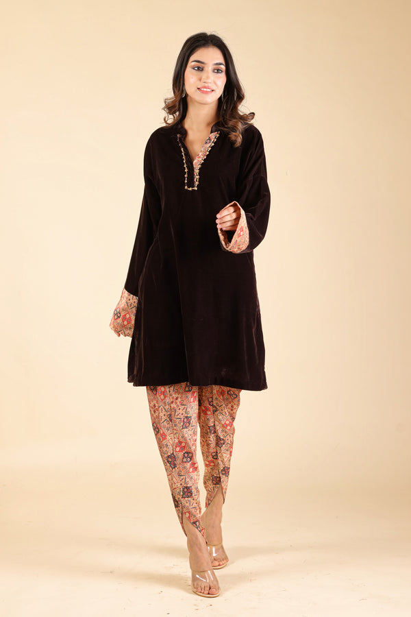 Brown Velvet Suit Set with Printed Dhoti for Women -Inching India 
