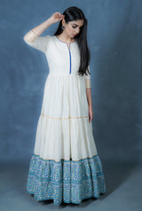 CREAM BLOCK PRINTED FRILLED ANARKALI