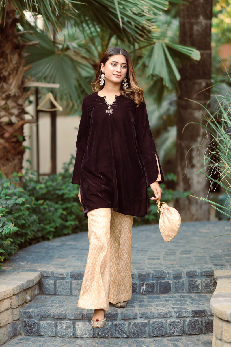 BROWN EMBROIDERED TOP WITH BROCADE PANTS