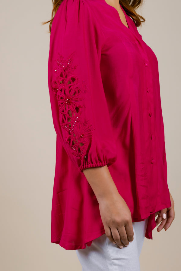 Hot Pink Embroidered Top With White Pants