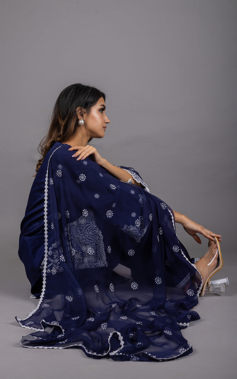 Navy Blue Embroidered Suit Set with Palazzos & Dupatta
