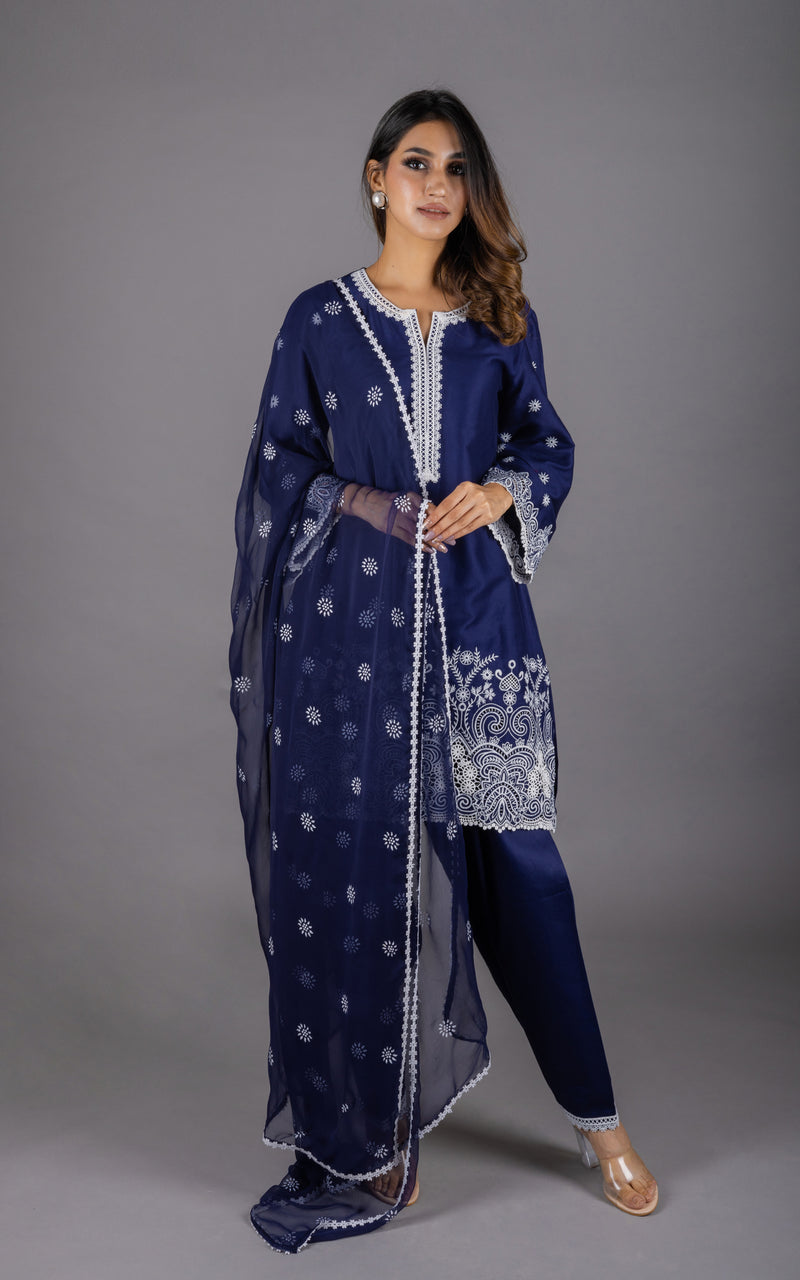 Navy Blue Embroidered Suit Set with Dupatta