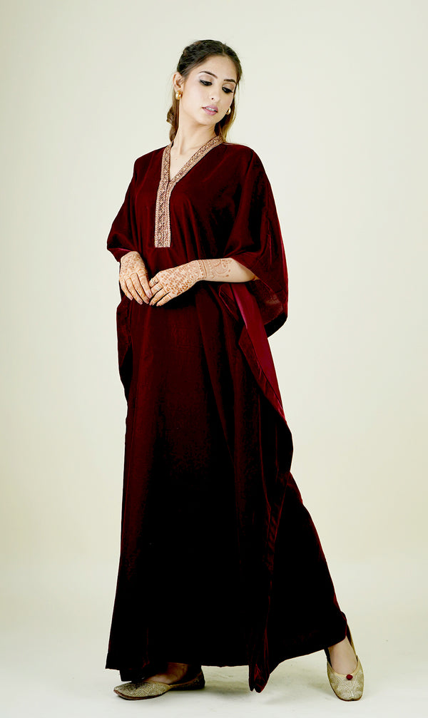 Maroon Velvet Kaftan Dress Online India-Inching India