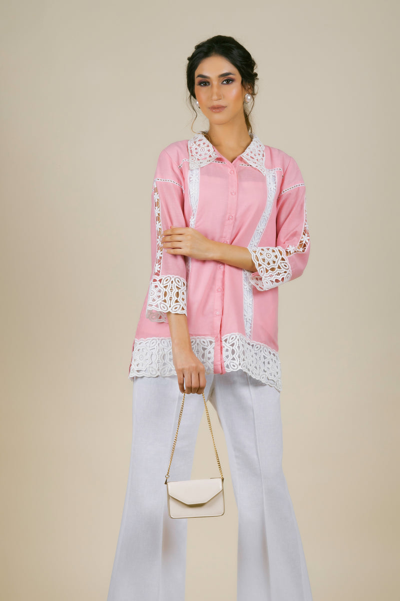 Pink Cutwork Top with White Pants