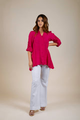 Hot Pink Embroidered Top With White Pants
