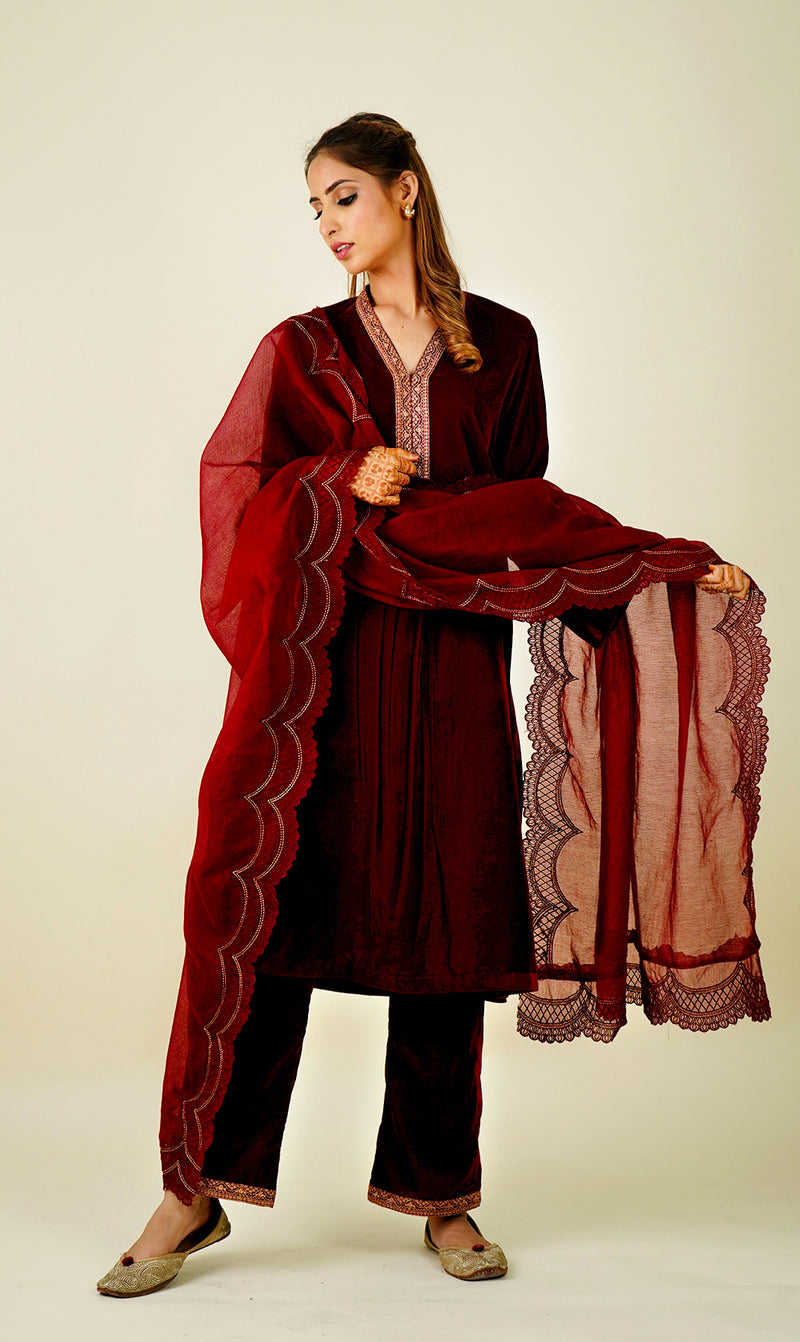Beautiful Maroon Velvet Suit Set with dupatta-Inching India 
