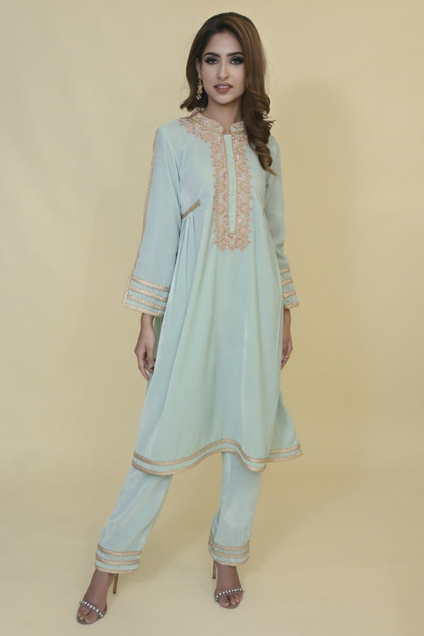 SEA-GREEN VELVET SUIT SET