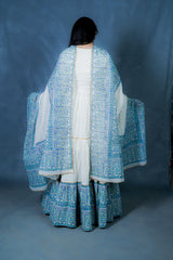 CREAM BLOCK PRINTED FRILLED ANARKALI