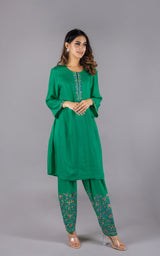 Emerald Green Embroidered Suit Set with Pure Organza Dupatta