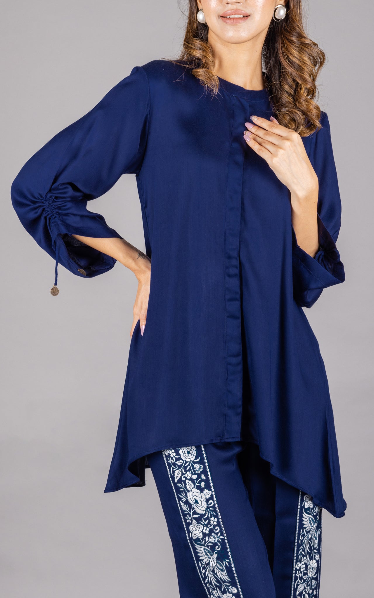 Navy Blue Co-Ord Set with Textured Mesh Shirt Geometric Cord Patterns & 3D Floral Bootas Wide-Leg Trousers