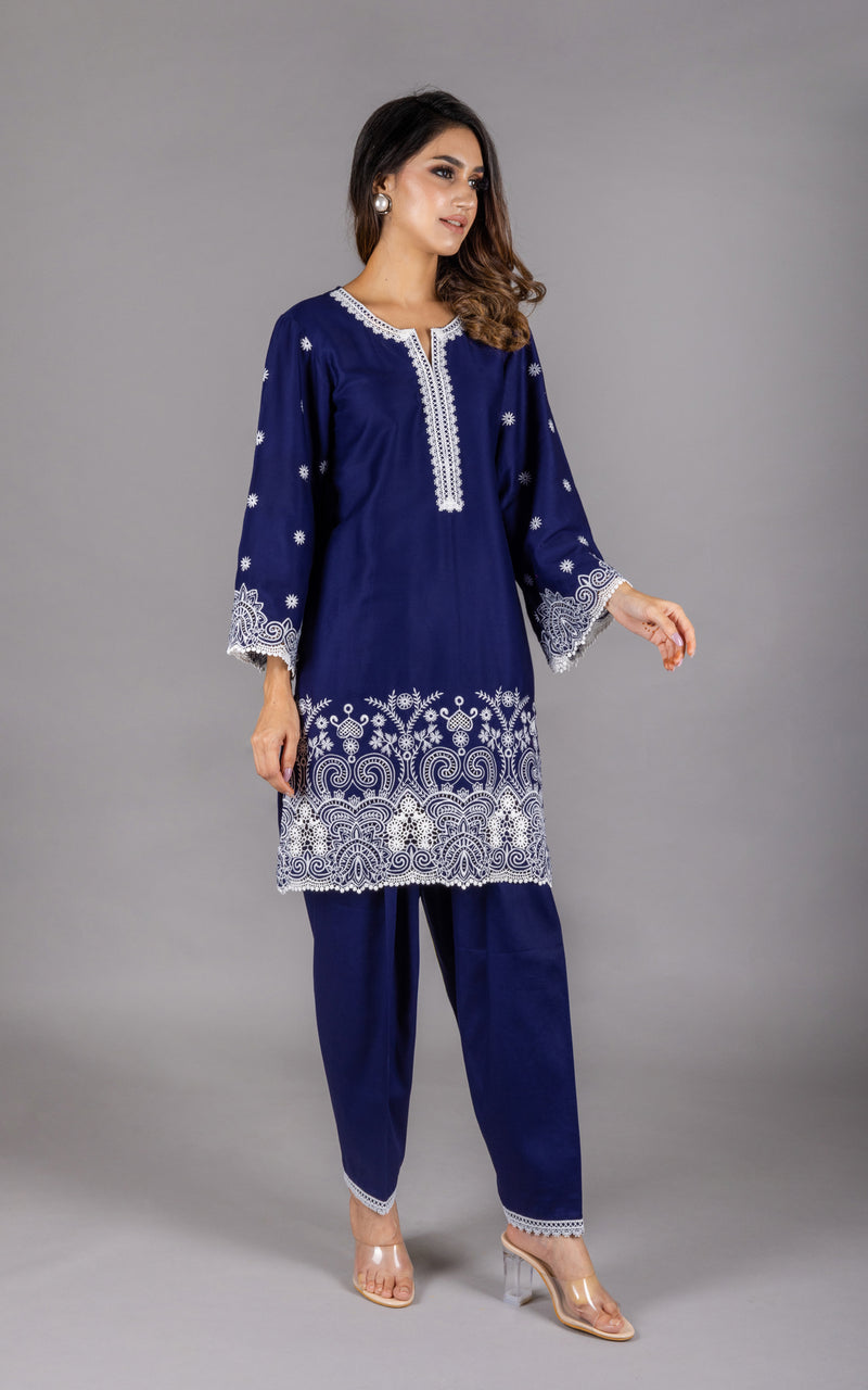 Navy Blue Embroidered Suit Set with Dupatta