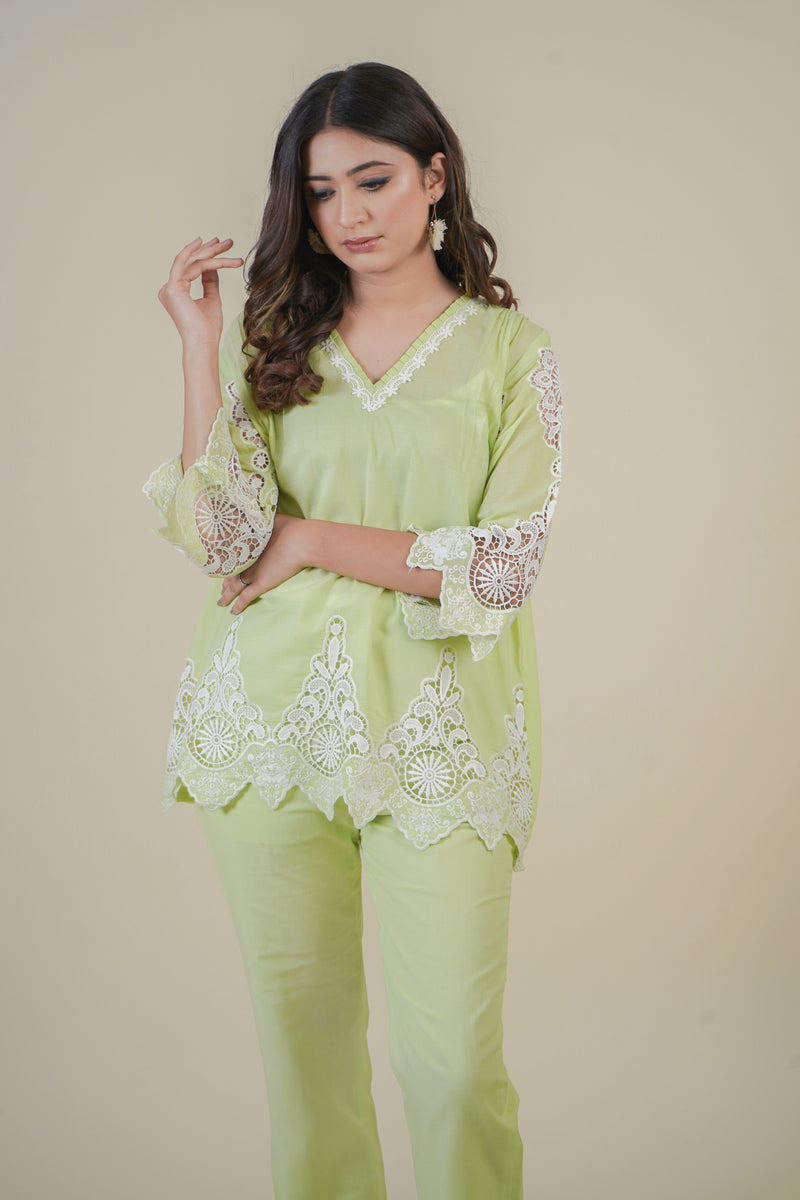 LIME EMBROIDERED CUT-WORK CO-ORD SET