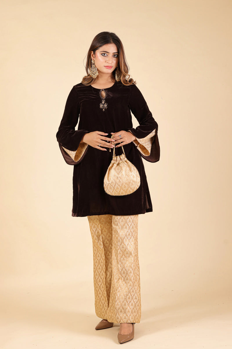 BROWN EMBROIDERED TOP WITH BROCADE PANTS