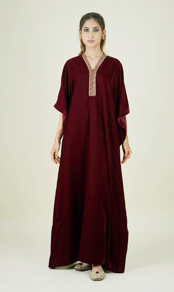 Maroon Velvet Kaftan Dress Online India-Inching India