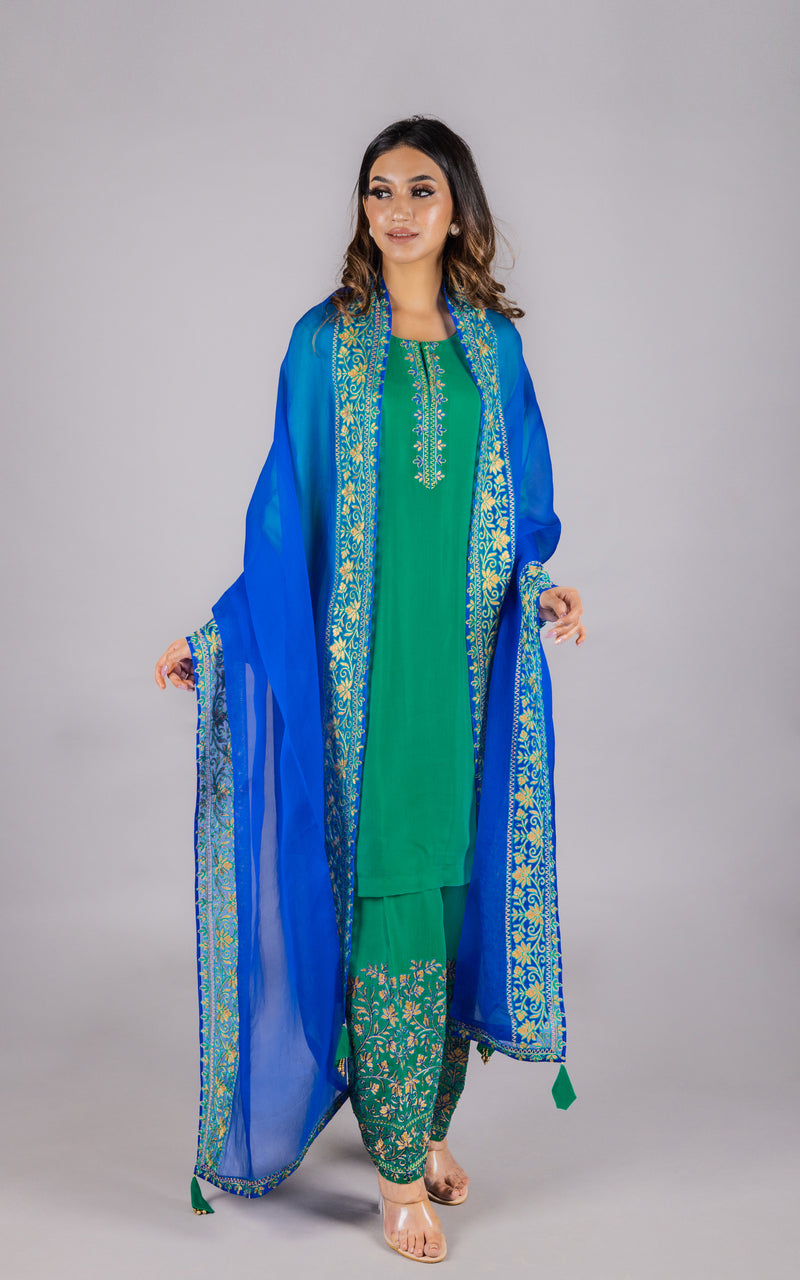Emerald Green Embroidered Suit Set with Pure Organza Dupatta