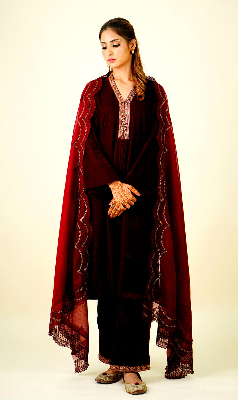 Beautiful Maroon Velvet Suit Set with dupatta-Inching India 